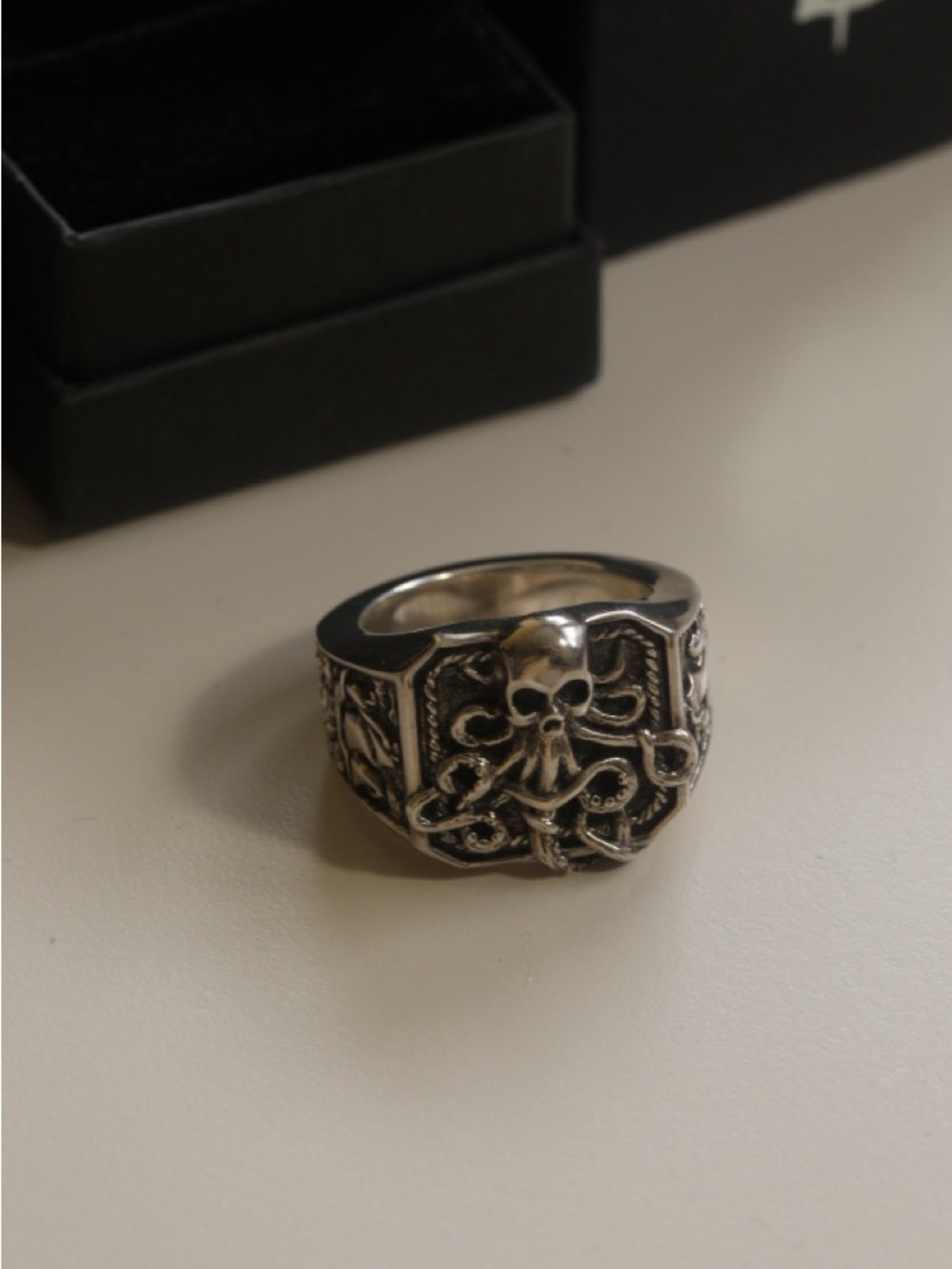 Clocks and Colours Silver Skull & Octopus Signet Ring - Gothic Statement size 13